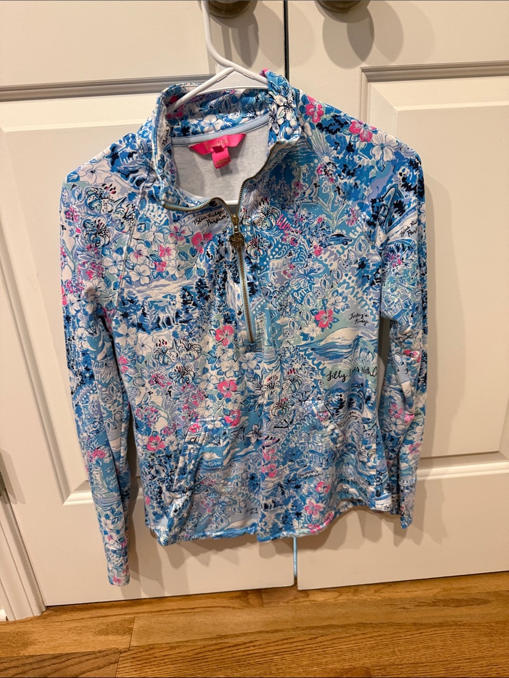 Lilly Pulitzer Blue Floral Half-Zip Pullover with Pink Accents